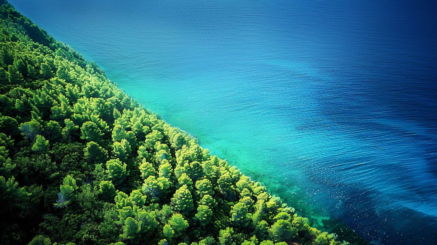 Lush forest meeting clear blue water