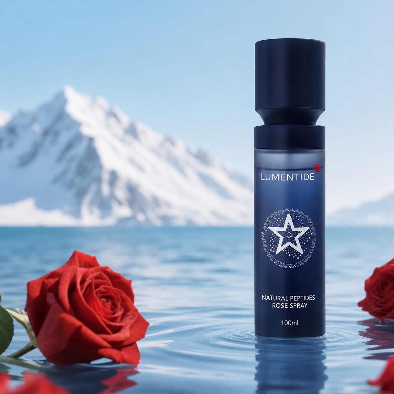 Lumentide Natural Peptides Rose Spray with roses and a mountain landscape